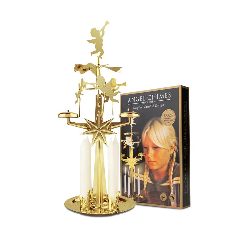 Angel Chimes Original Swedish Angel Chimes, Carousel and 4 Candles â€“ Scandinavian Spinning Festive Chimes for Christmas, Best Memorial Gift Since 1948, Home Decorations - Gold Brass - Image 1